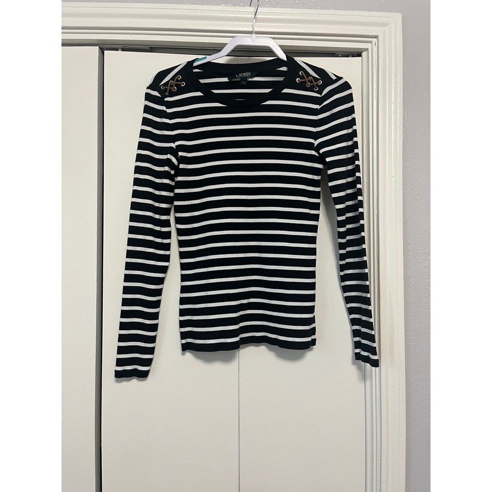 Lauren Ralph Lauren Black White Striped Lace Up Shoulder Long Sleeve Top Large‎